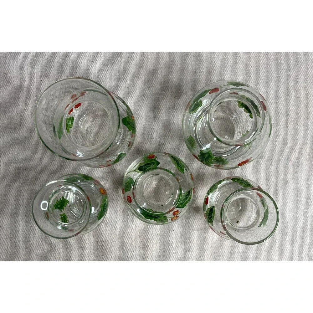 HAND PAINTED GLASS , CLEAR MINI VASES. 5 ITEMS IN THE SET.  VINES & BERRIES.